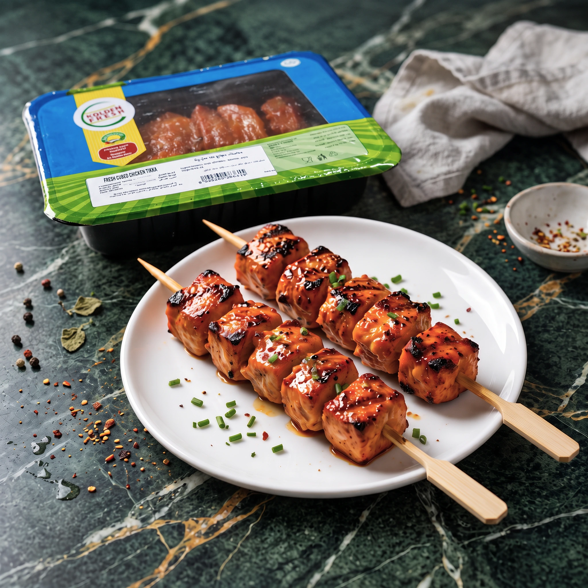fresh cubed chicken tikka skewers web image VS 2 Fresh Cubed Chicken Tikka Skewers (2 Skewers)