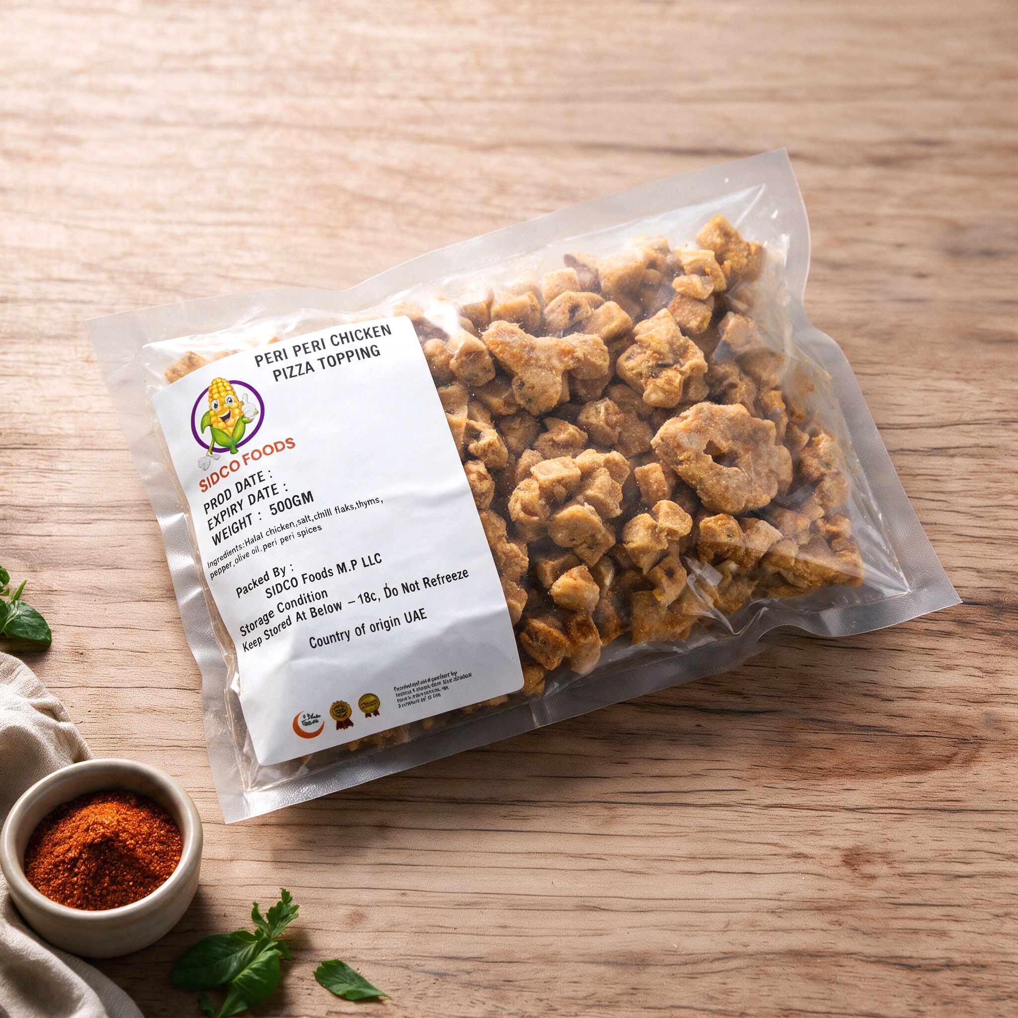peri peri chicken pizza toppings web image only packet WEBP Peri Peri Chicken Pizza Topping (500g/pack)